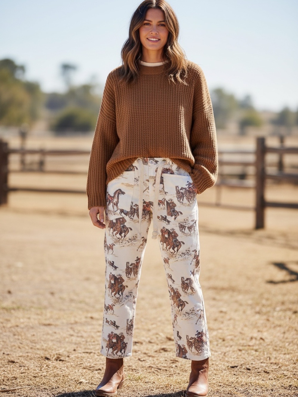 Lov Lov Women's Cream Rodeo/ Horse Print Drawstring Pants 🐎